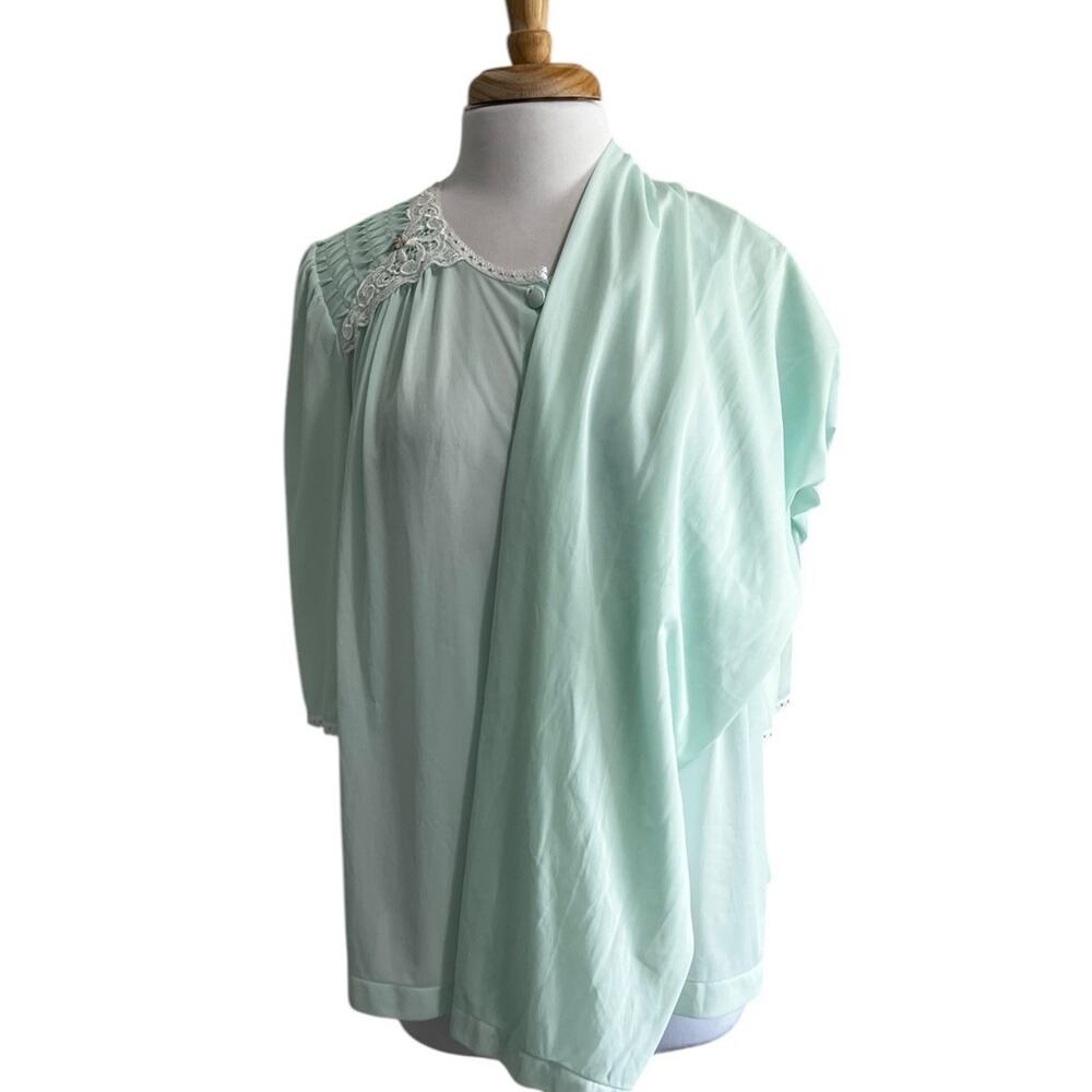 Lorraine Womens M Mint Green Nylon Lace Pajamas Top & Pants Vtg Silky Nylon
